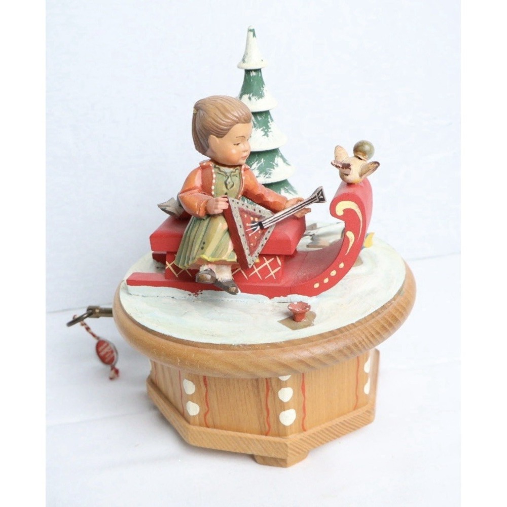 VTG Wood Music Box ANRI Italy Handmade Swiss Spinning Christmas Girl Sleigh Bird
